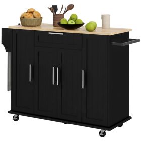 HOMCOM Modern Black Kitchen Island Cart with Natural Wood Top, Drawers, Towel Rack & Cabinet