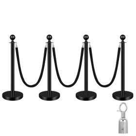 4 PCS Black Stanchions with Black Velvet Rope - Exhibition Crowd Control Poles,with Sand Injection Hollow Base, for Theaters, Parties, Weddings